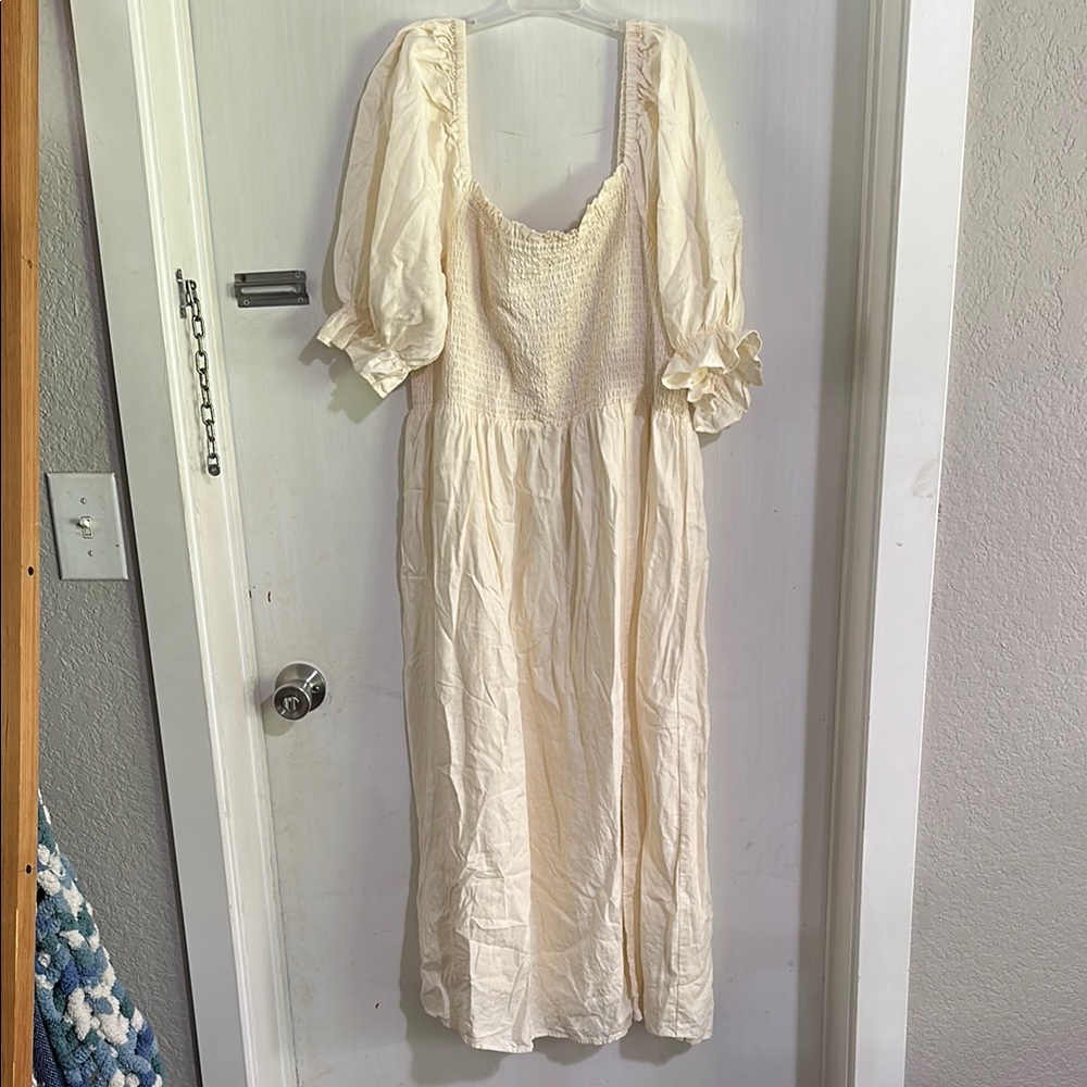 Gap Cream Midi Dress with Puff Sleeves and Side Slit